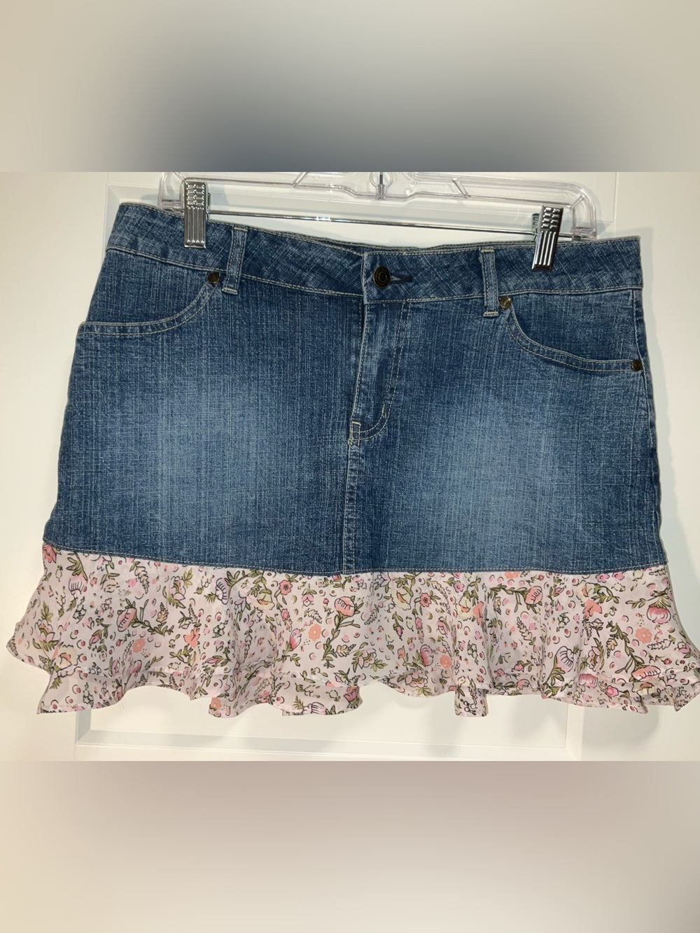 No Boundaries Blue Denim Mini Skirt with Pink Floral Ruffle